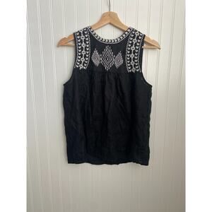 J Crew Tank Top Women's Size 8 100% Linen Embroidered Sleeveless Black White